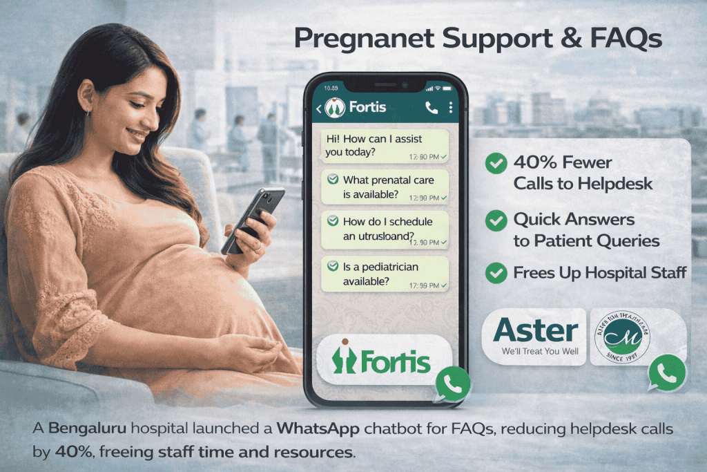Pregnant patient receiving instant healthcare FAQs and support through WhatsApp chatbot in a Bengaluru hospital.