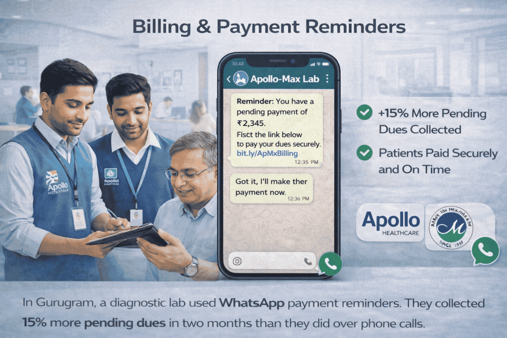 Hospital billing team using WhatsApp payment reminder chatbot to collect pending diagnostic lab dues in India