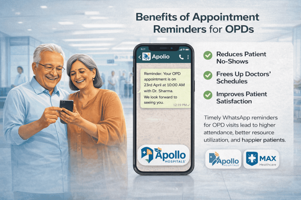 WhatsApp chatbot sending OPD appointment reminder to elderly patients at a Bengaluru multi-specialty hospital.