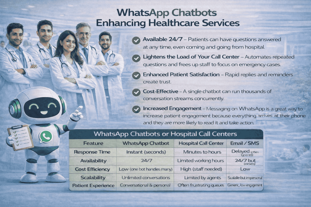 Healthcare WhatsApp chatbot assisting doctors and patients with automated support reminders and secure communication