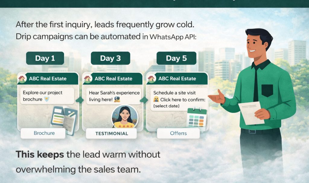 WhatsApp automated follow-up messages nurturing inactive real estate leads through scheduled updates