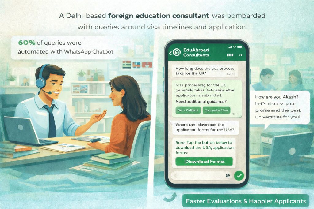 WhatsApp chatbot automating overseas education admission FAQs, visa queries, and application status updates