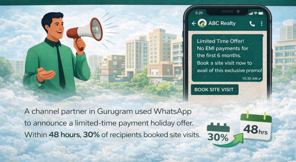 WhatsApp promotion announcing exclusive real estate payment holiday offer to potential buyers