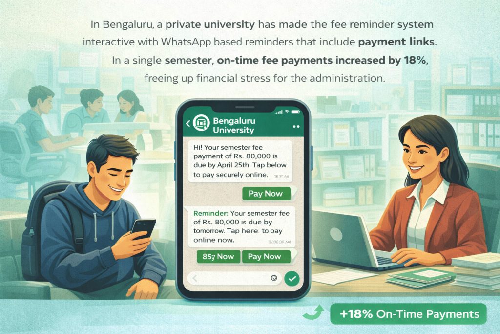 WhatsApp-based fee reminder system helping a Bengaluru private university increase on-time fee payments by 18%