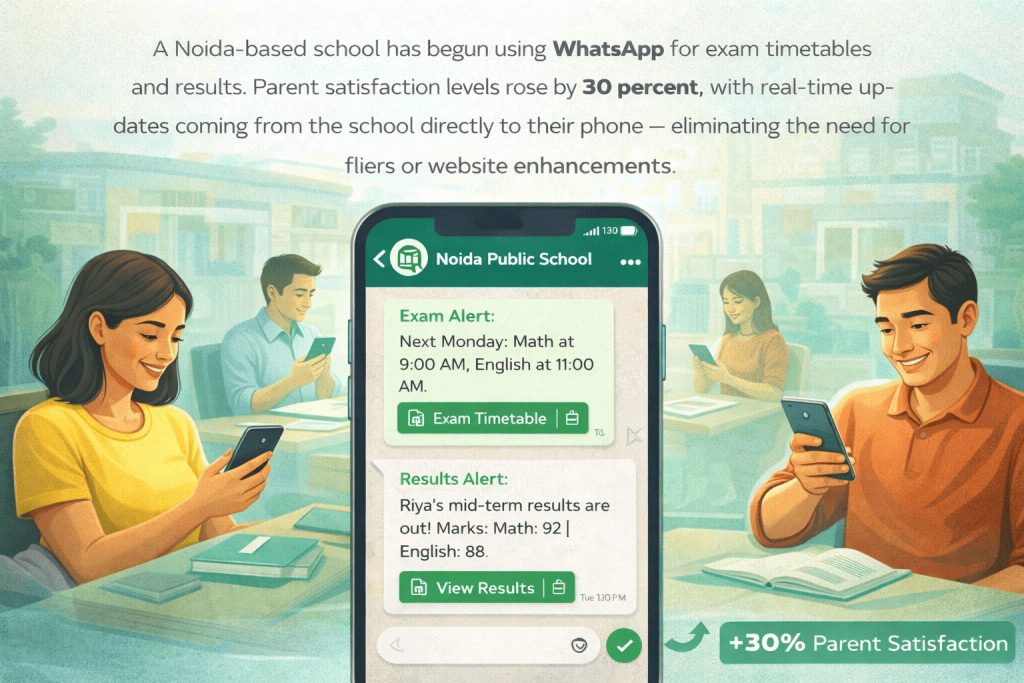 WhatsApp communication system helping a Noida school share exam timetables and results, increasing parent satisfaction by 30%