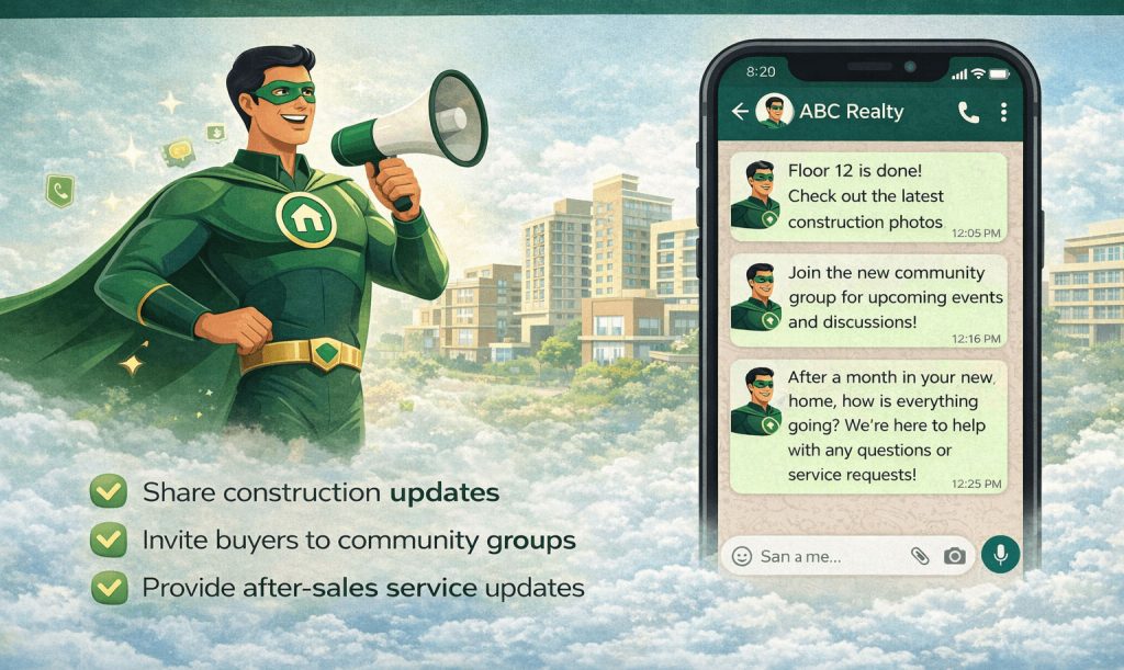 WhatsApp messages sharing construction updates community groups and after-sales service for homeowners