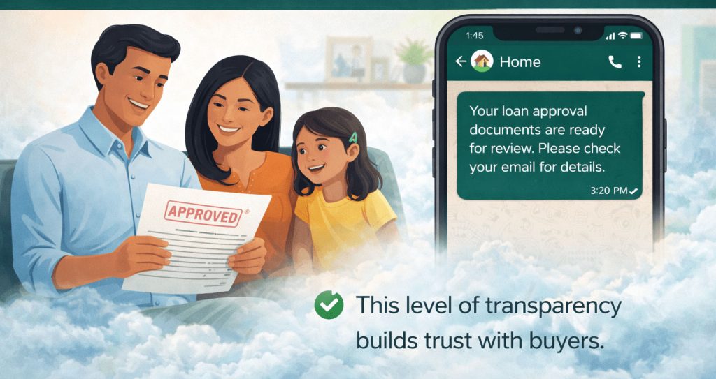 WhatsApp message showing home loan approval and document update shared with real estate buyers