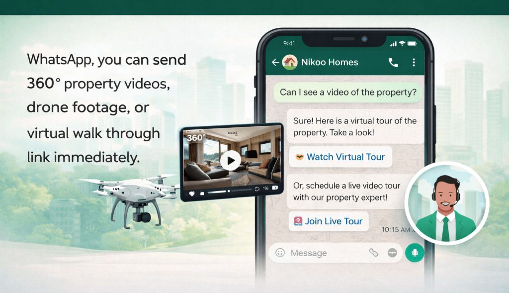Real estate virtual tour link shared on WhatsApp allowing buyers to schedule property walkthroughs