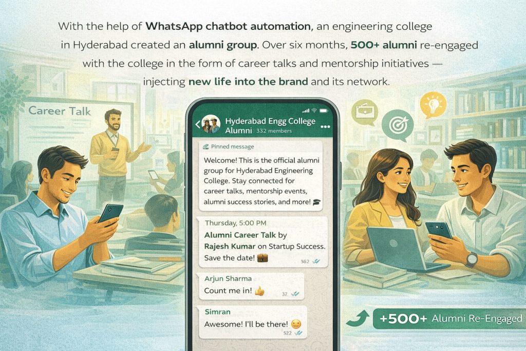 WhatsApp chatbot automation helping a Hyderabad engineering college create alumni groups and re-engage 500+ alumni