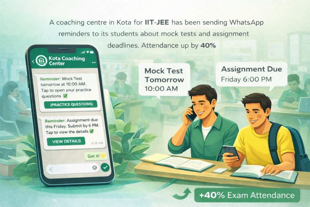 WhatsApp reminder automation helping a Kota IIT-JEE coaching centre increase mock test attendance by 40%
