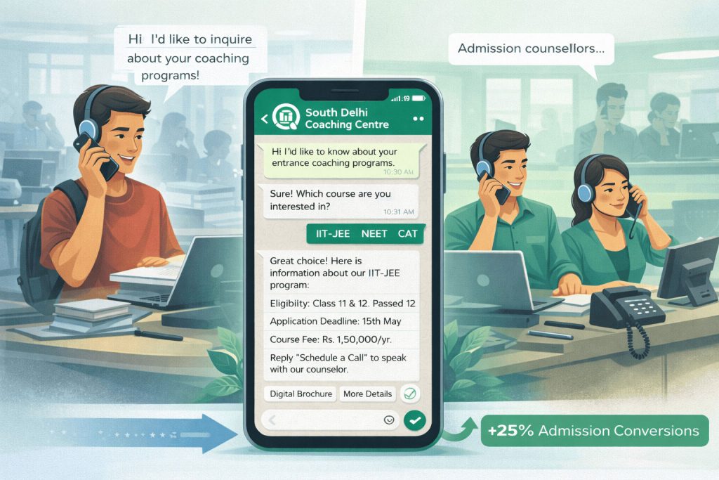 WhatsApp chatbot automation helping a Delhi coaching institute handle 200+ admission inquiries daily and increase enrolment conversions by 25%